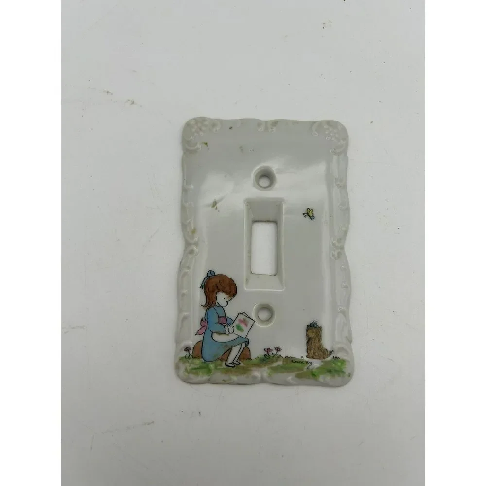 Porcelain Light‎ Switch Cover Single Child Reading A Book And Puppy. Childs Room